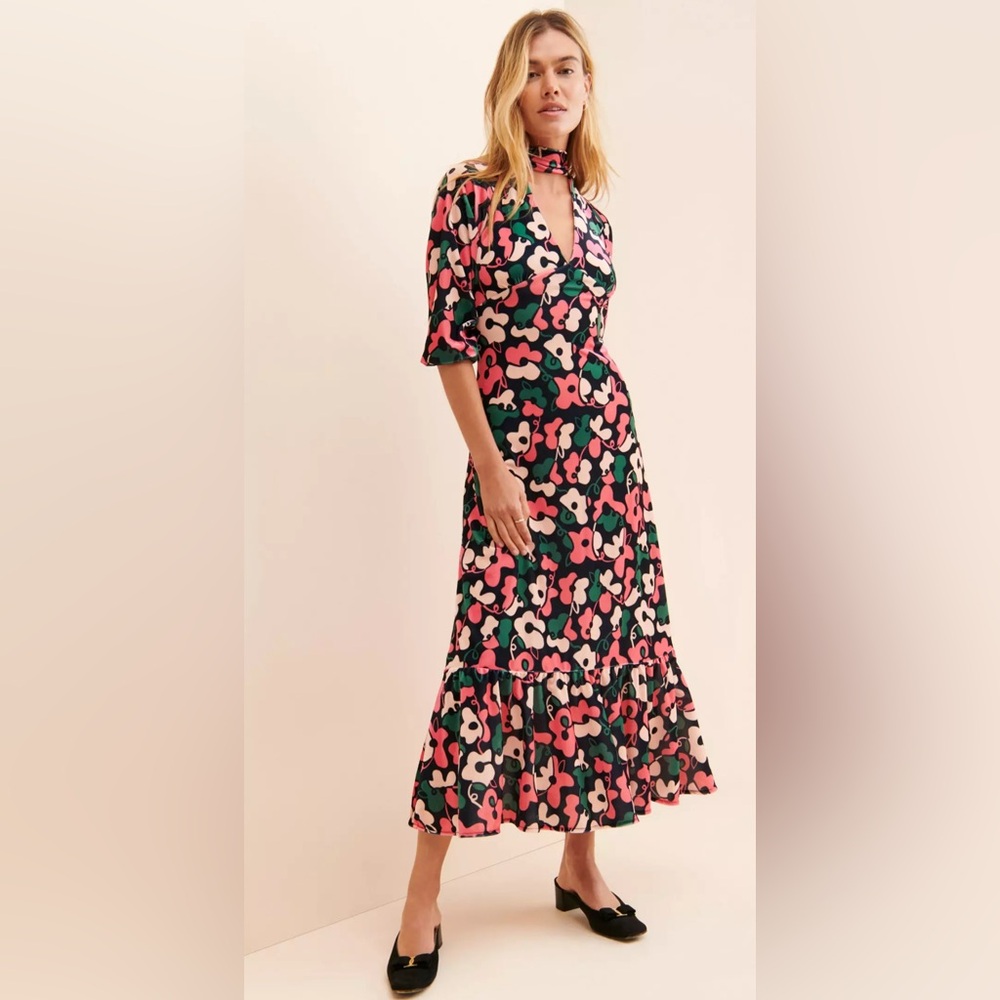 Pink and Black Floral Midi Dress with V-Neck and Cuffed Sleeves